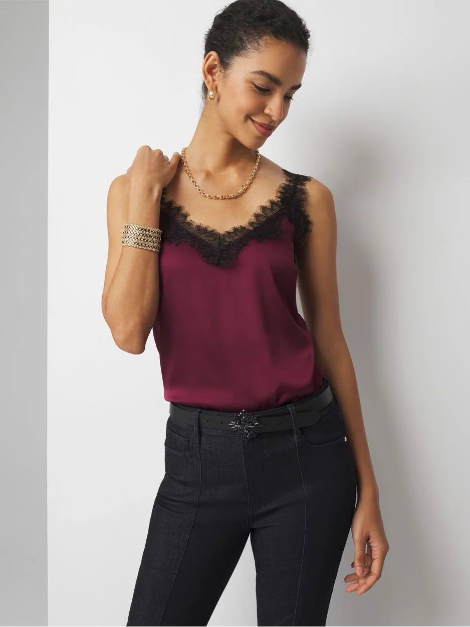 White House Black Market Burgundy Satin Cami With Black Lace Trim Medium